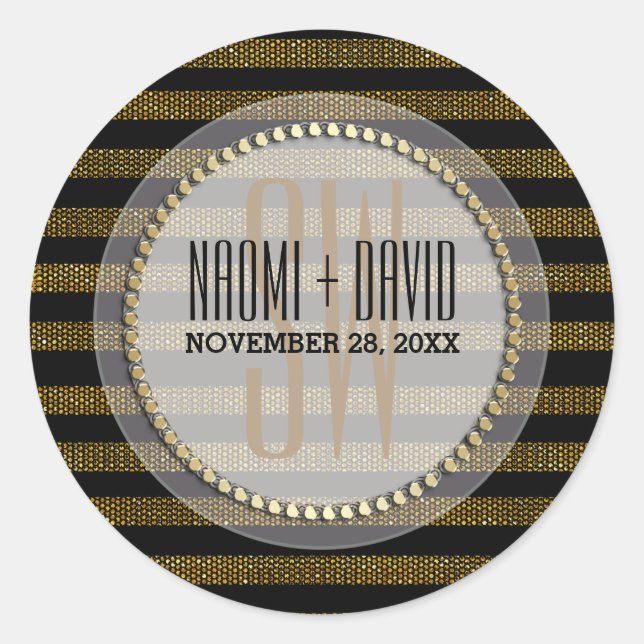 Black Gold Glam Stripes Monogram Wedding Sticker (Front)