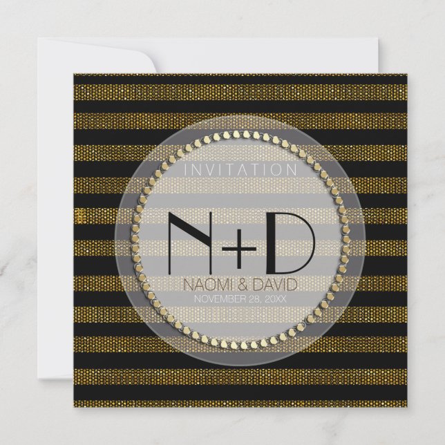Black Gold Glam Stripes Wedding Reception Invite (Front)