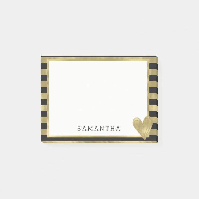 Black Gold Glam Stripes with Heart Personalized Post-it Notes (Front)