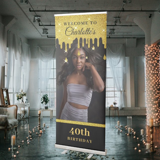 Black Gold Glamorous Birthday Party Photo Welcome Retractable Banner (Black Gold Glamorous Birthday Party Photo Welcome Retractable Banner)