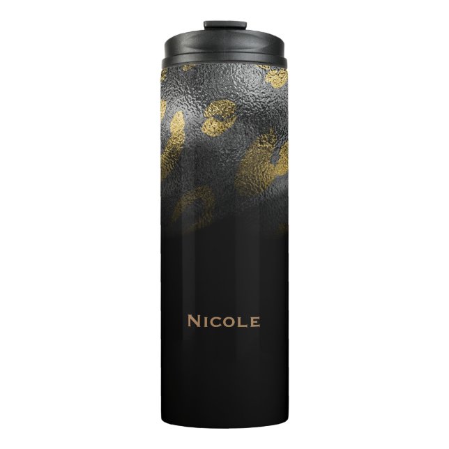 Black Gold Glamorous Cheetah Leopard Print Custom Thermal Tumbler (Front)