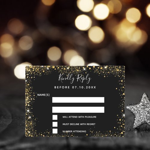 Black gold glamorous wedding RSVP Note Card