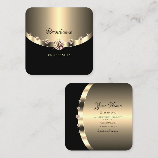 Black Gold Glamour Sparkling Diamonds Professional Square Business Card (Front/Back)