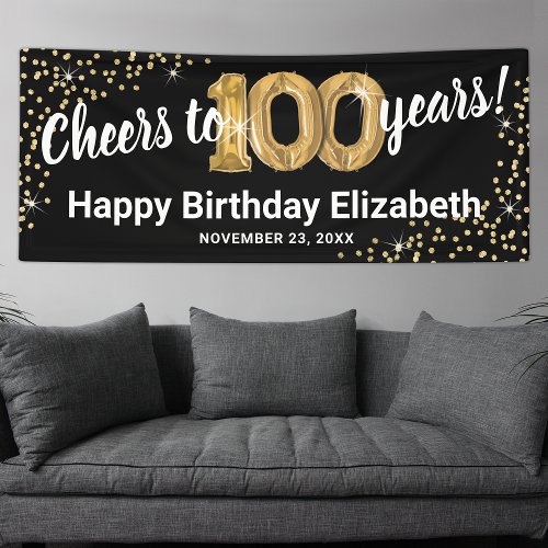 Black Gold Glitter 100th Birthday Banner