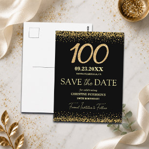 Black Gold Glitter 100th Birthday Save the Date Postcard