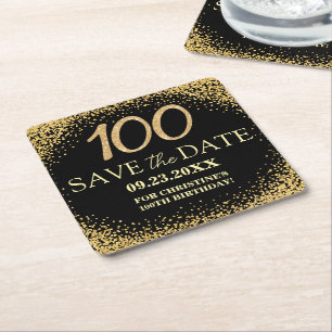 Black Gold Glitter 100th Birthday Save the Date Square Paper Coaster