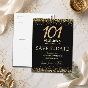 Black Gold Glitter 101st Birthday Save the Date Postcard