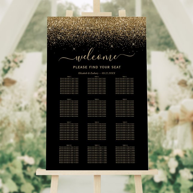 Black Gold Glitter 12-Table Wedding Seating Foam Board (Creator Uploaded)