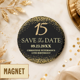 Black Gold Glitter 15th Birthday Save the Date Magnet