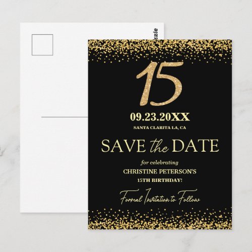 Black Gold Glitter 15th Birthday Save the Date Postcard