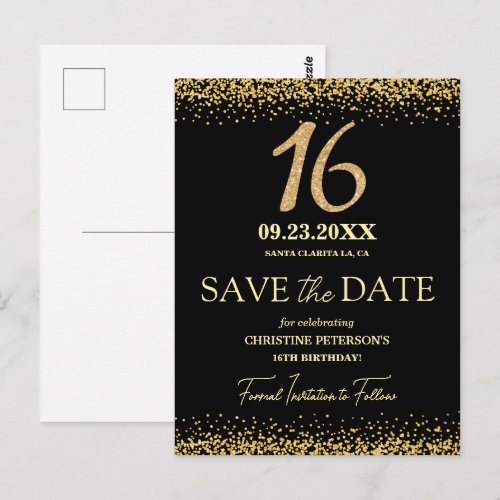 Black Gold Glitter 16th Birthday Save the Date Postcard