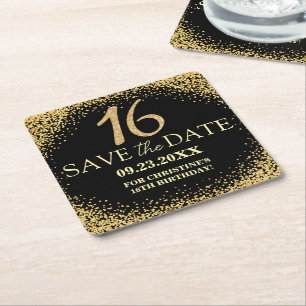Black Gold Glitter 16th Birthday Save the Date Square Paper Coaster