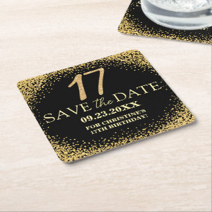 Black Gold Glitter 17th Birthday Save the Date Square Paper Coaster