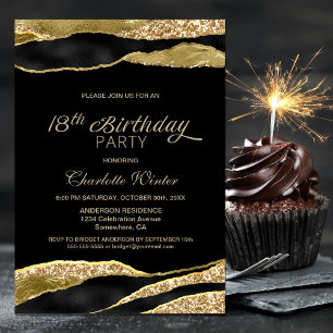 Black Gold Glitter 18th Birthday Party Invitation