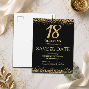 Black Gold Glitter 18th Birthday Save the Date Postcard