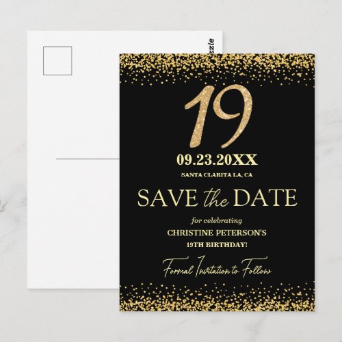 Black Gold Glitter 19th Birthday Save the Date Postcard