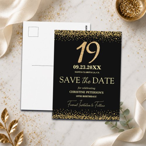 Black Gold Glitter 19th Birthday Save the Date Postcard