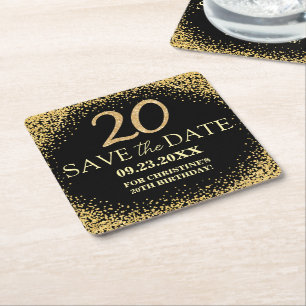 Black Gold Glitter 20th Birthday Save the Date Square Paper Coaster