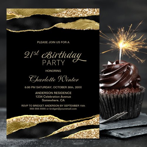 Black Gold Glitter 21st Birthday Party Invitation