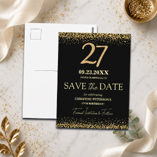Black Gold Glitter 27th Birthday Save the Date Postcard