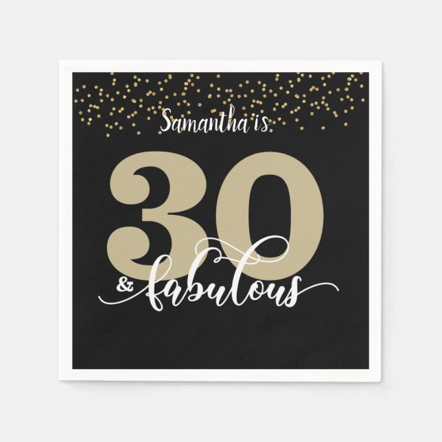 Black Gold Glitter 30 and Fabulous Birthday Party  Napkins (Front)