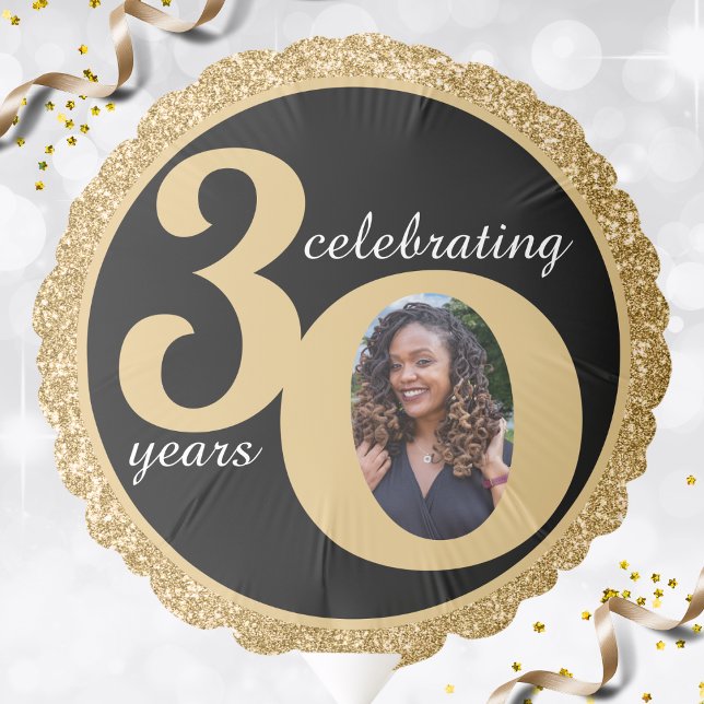 Black & Gold Glitter 30 Thirty Years 30th Birthday Balloon (black & gold glitter 30th birthday photo balloon)