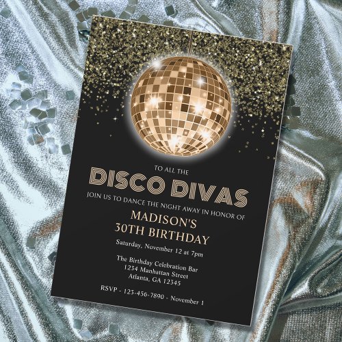 Black Gold Glitter 30th Birthday Disco Party Invitation