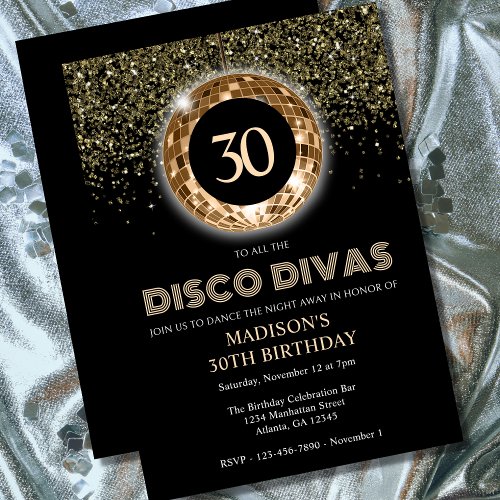 Black Gold Glitter 30th Birthday Disco Party Invitation