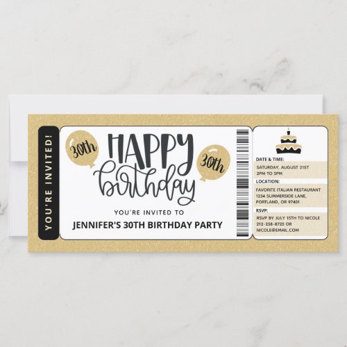 Black Gold Glitter 30th Birthday Invitation Ticket