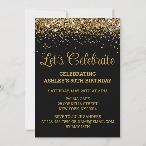 Black  Gold Glitter 30th Birthday Lets Celebrate Invitation