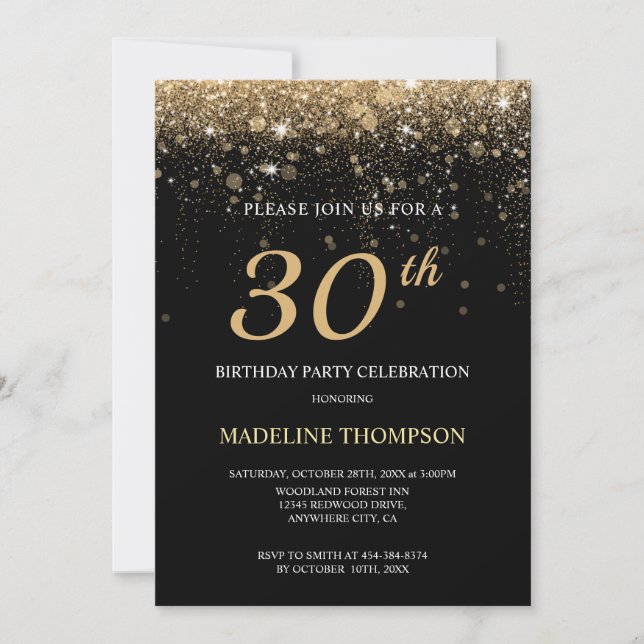 Black Gold Glitter 30th Birthday Personalized Age  Invitation (Front)