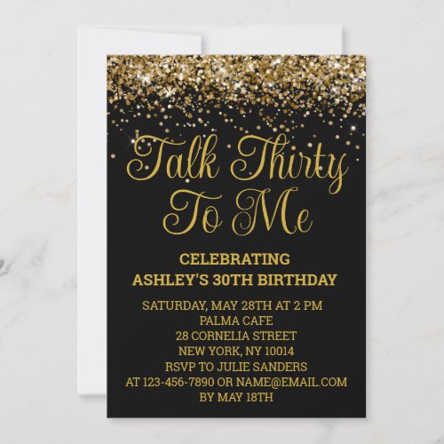Black Gold Glitter 30th Birthday Talk Thirty To Me Invitation