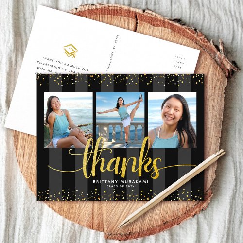 Black gold glitter 3 photo graduation thank you postcard