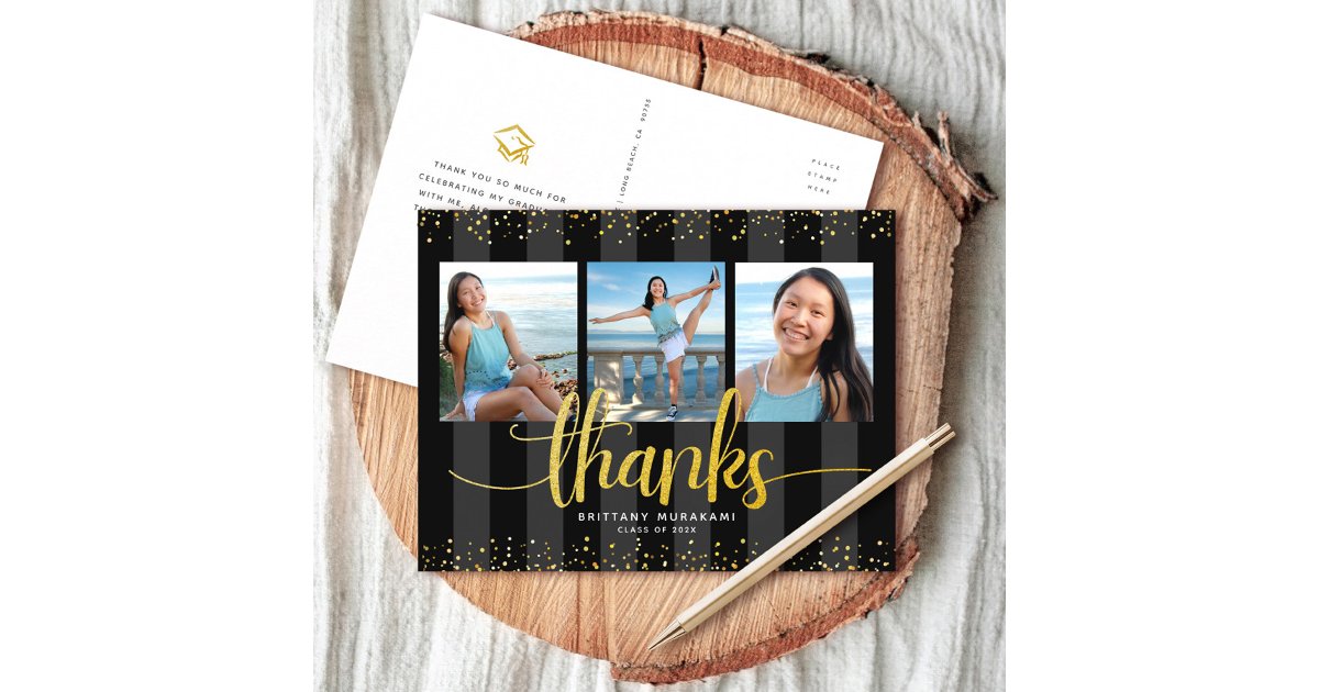 Black gold glitter 3 photo graduation thank you postcard | Zazzle