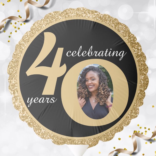 Black & Gold Glitter 40 Forty Years 40th Birthday Balloon (black & gold glitter 40th birthday photo balloon)