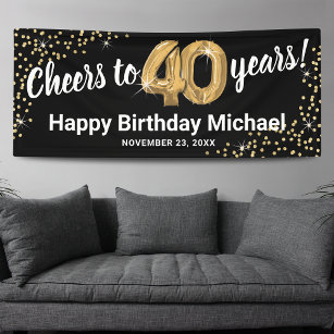 Black Gold Glitter 40th Birthday Banner