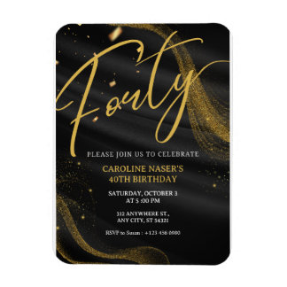 Black & Gold Glitter 40th Birthday Invitation   Magnet