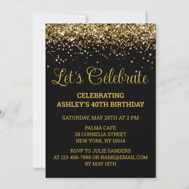 Black & Gold Glitter 40th Birthday Let's Celebrate Invitation (Front)