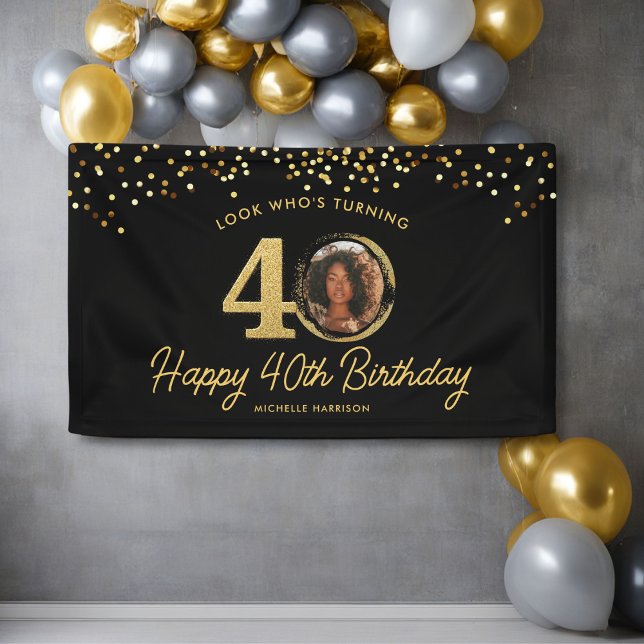 Black Gold Glitter 40th Birthday Party Your Photo  Banner (Creator Uploaded)