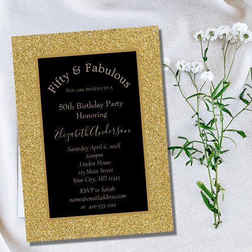 Black Gold Glitter 50 Fabulous Birthday Invitation