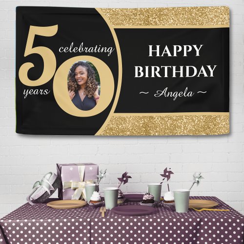 Black  Gold Glitter 50 Fifty Years 50th Birthday Banner