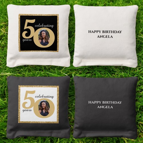 Black  Gold Glitter 50 Fifty Years 50th Birthday Cornhole Bags
