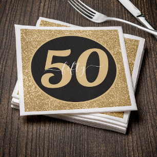 Black & Gold Glitter 50 Fifty Years 50th Birthday Napkins