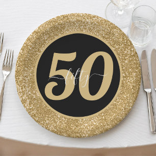 Black & Gold Glitter 50 Fifty Years 50th Birthday Paper Plates