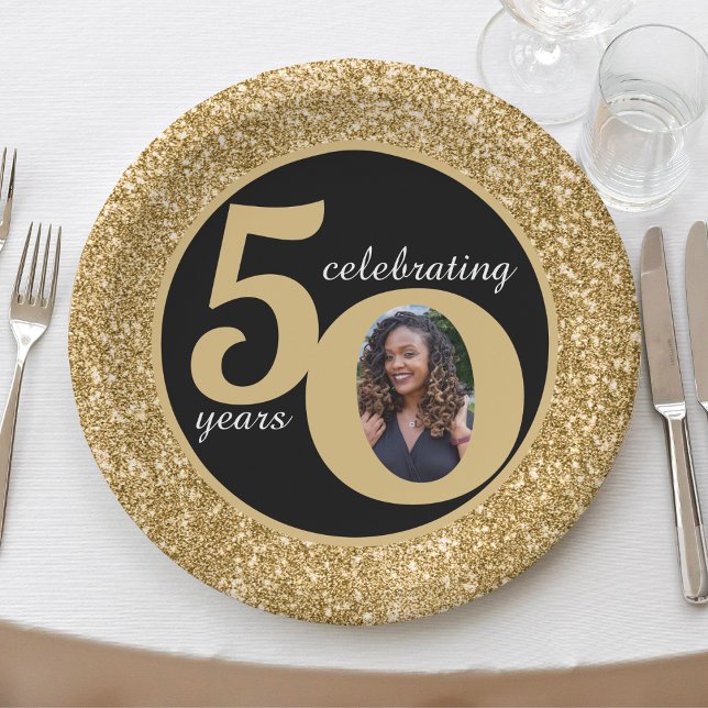 Black & Gold Glitter 50 Fifty Years 50th Birthday Paper Plates (black and gold glitter 50th birthday paper plates)