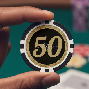 Black & Gold Glitter 50 Fifty Years 50th Birthday Poker Chips