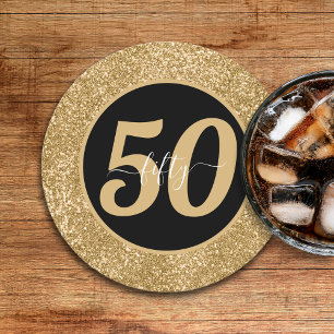 Black & Gold Glitter 50 Fifty Years 50th Birthday Round Paper Coaster