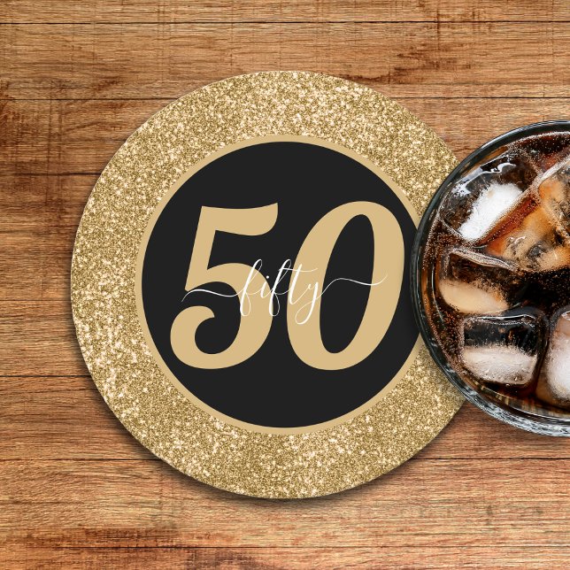 Black & Gold Glitter 50 Fifty Years 50th Birthday Round Paper Coaster (Black & Gold Glitter 50 Fifty Years 50th Birthday Round Paper Coaster
)