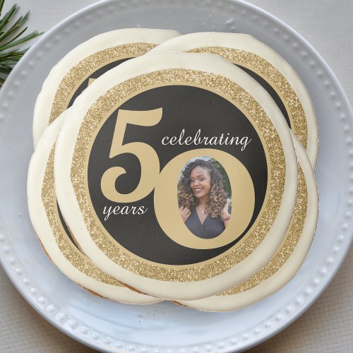 Black  Gold Glitter 50 Fifty Years 50th Birthday Sugar Cookie