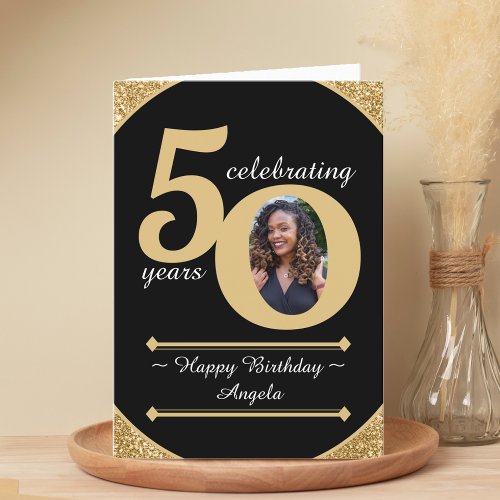 Black  Gold Glitter 50 Fifty Years 50th Birthday Thank You Card